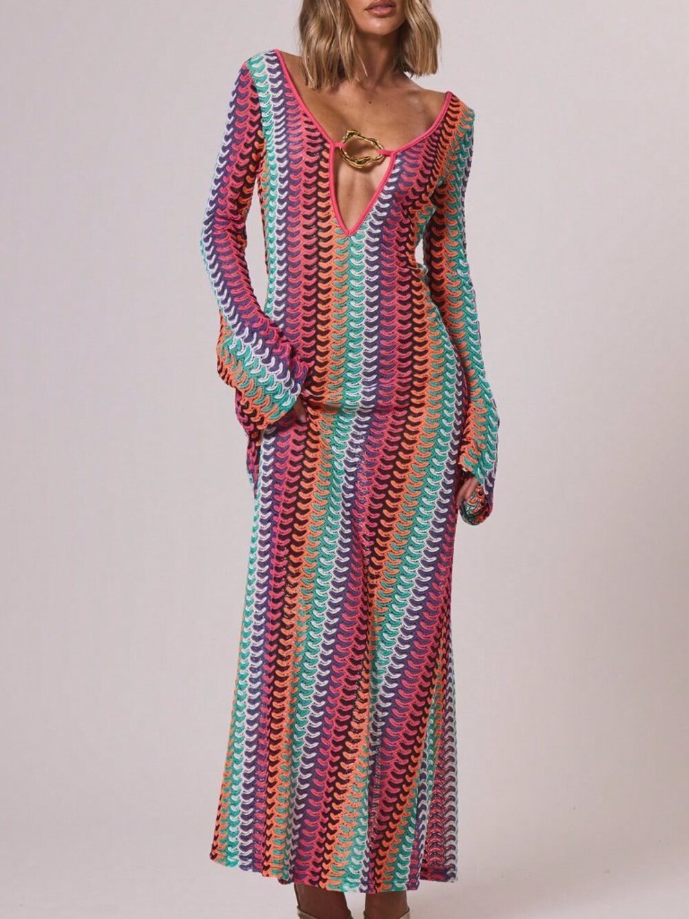Multicolor Textured Knit Women's Elegant Maxi Dress with Cut-Out Sleeves